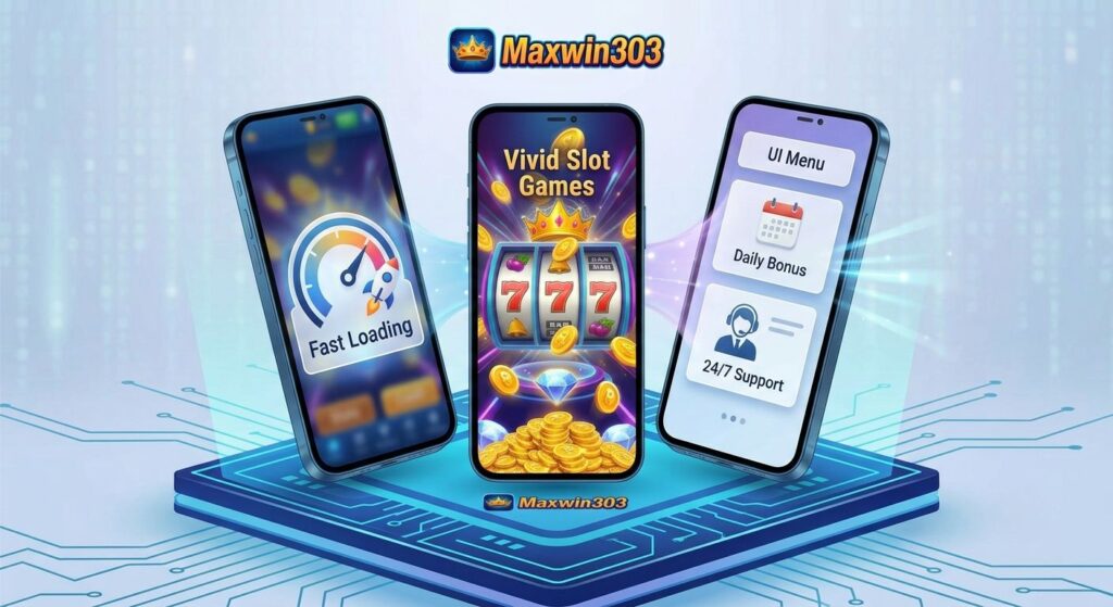 A visual guide showing two Android phones; one displaying mobile slot gameplay and the other showing the installation settings guide for Maxwin303 APK.