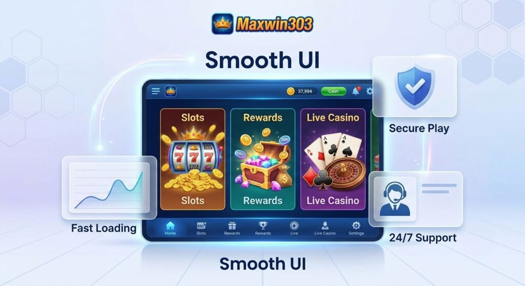 Maxwin303 APK mobile features illustration showing smooth UI, game categories for slots, rewards, and live casino, alongside fast loading and 24/7 support icons