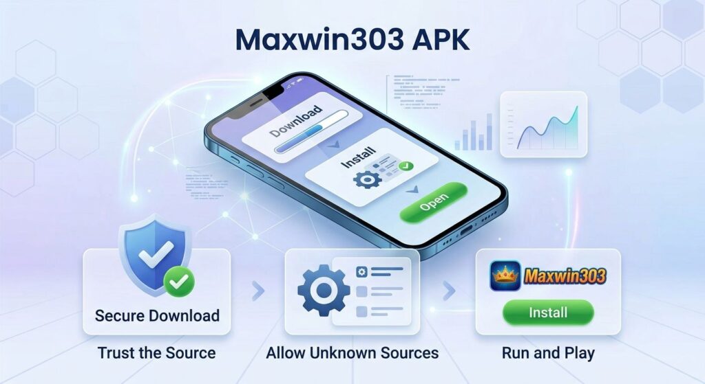 Step-by-step Maxwin303 APK installation guide for Android, illustrating secure download, allowing unknown sources in settings, and running the game safely