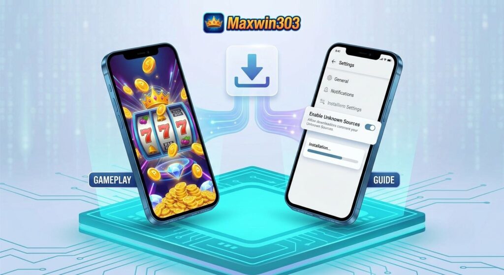 A professional illustration of three phones showcasing Maxwin303 key features: colorful slot games, daily rewards, and smooth Android performance.
