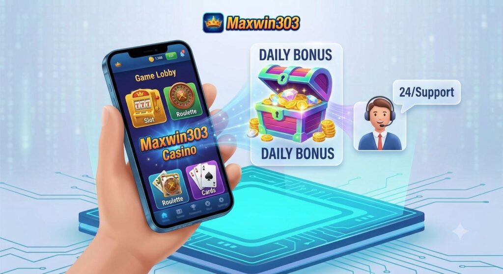 A security robot provides a protective energy shield over an Android phone downloading the Maxwin303 APK, symbolizing a safe installation and balanced gaming.