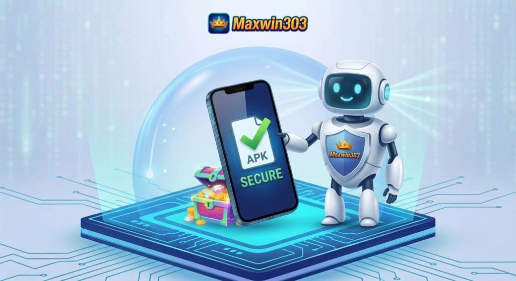 A hand holding a smartphone displaying the Maxwin303 casino game lobby with a projected treasure chest representing daily bonuses.